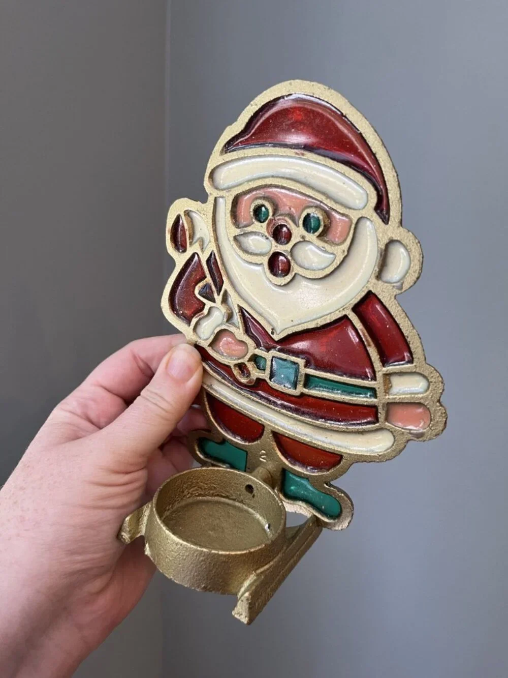 Vintage Santa Stained Glass Candle Holder Stand 6” Christmas Decor